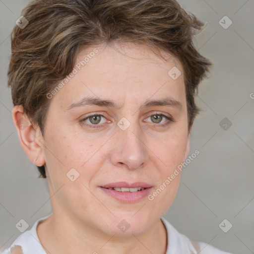 Joyful white young-adult female with short  brown hair and grey eyes