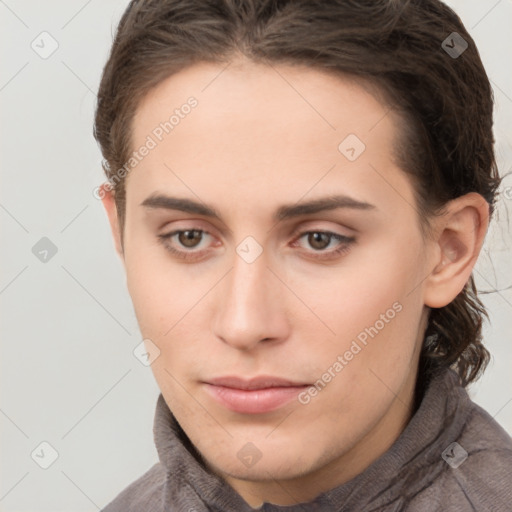 Neutral white young-adult female with short  brown hair and brown eyes