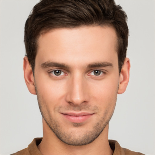 Neutral white young-adult male with short  brown hair and brown eyes