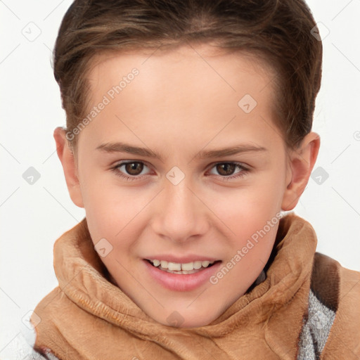 Joyful white child female with short  brown hair and brown eyes