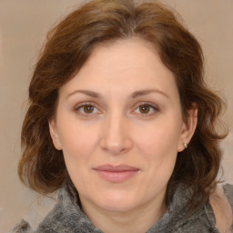 Joyful white adult female with medium  brown hair and brown eyes