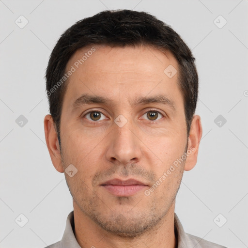 Neutral white adult male with short  brown hair and brown eyes