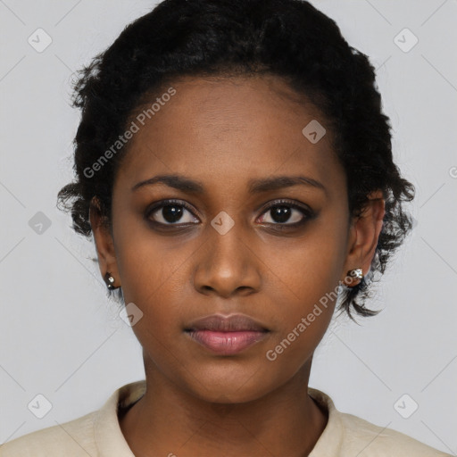 Neutral black young-adult female with short  black hair and brown eyes