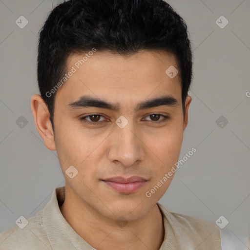 Joyful asian young-adult male with short  brown hair and brown eyes