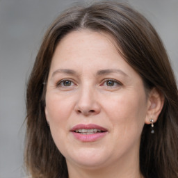 Joyful white adult female with medium  brown hair and grey eyes