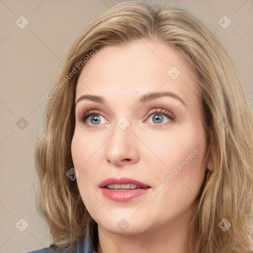 Neutral white young-adult female with long  brown hair and blue eyes