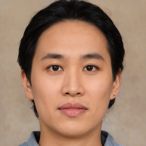 Neutral asian young-adult male with medium  black hair and brown eyes