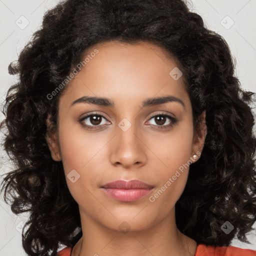 Joyful latino young-adult female with long  black hair and brown eyes