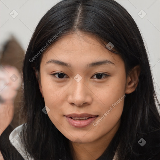 Joyful latino young-adult female with long  brown hair and brown eyes