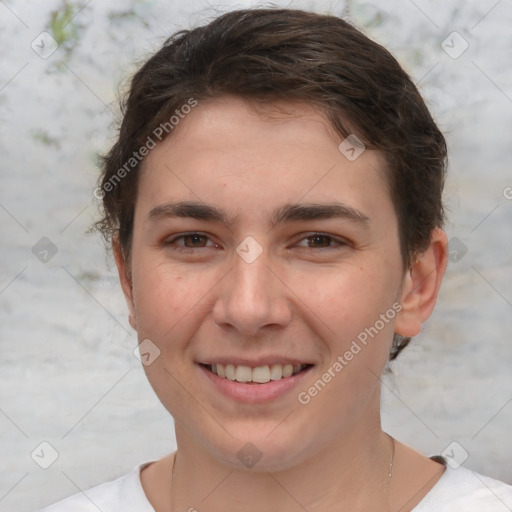 Joyful white young-adult female with short  brown hair and brown eyes