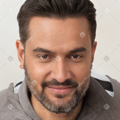 Joyful white adult male with short  brown hair and brown eyes