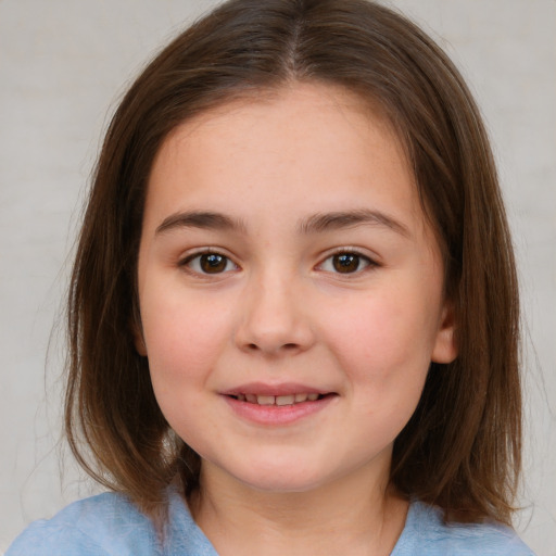 Joyful white child female with medium  brown hair and brown eyes