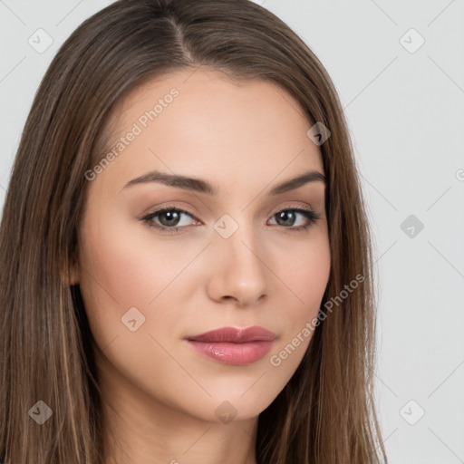 Neutral white young-adult female with long  brown hair and brown eyes