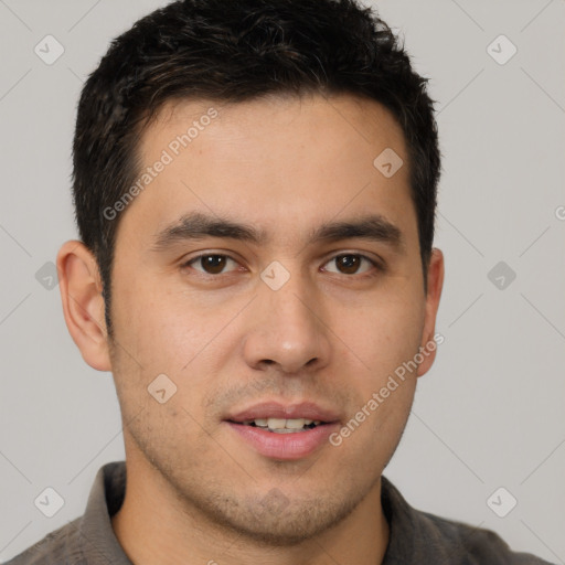 Neutral white young-adult male with short  brown hair and brown eyes