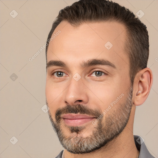 Neutral white young-adult male with short  brown hair and brown eyes