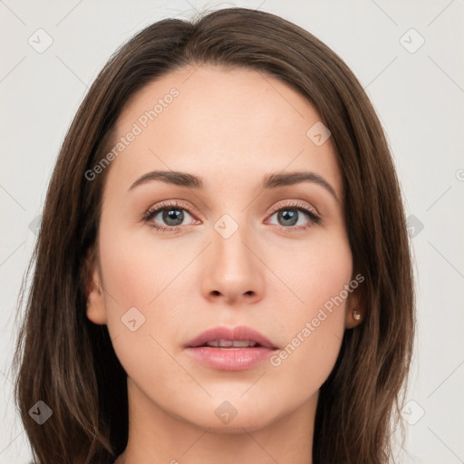 Neutral white young-adult female with long  brown hair and grey eyes