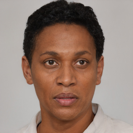 Neutral black adult female with short  black hair and brown eyes