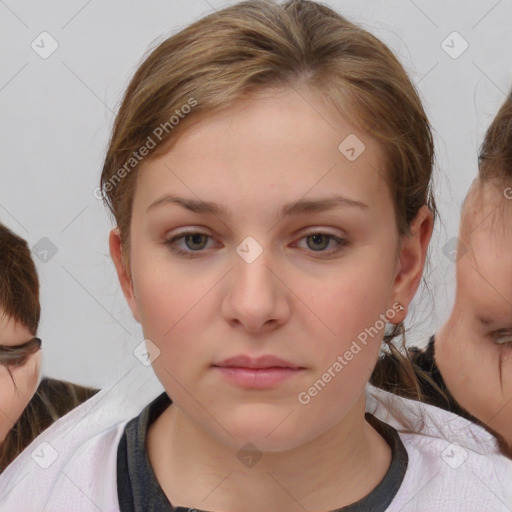 Neutral white young-adult female with medium  brown hair and brown eyes