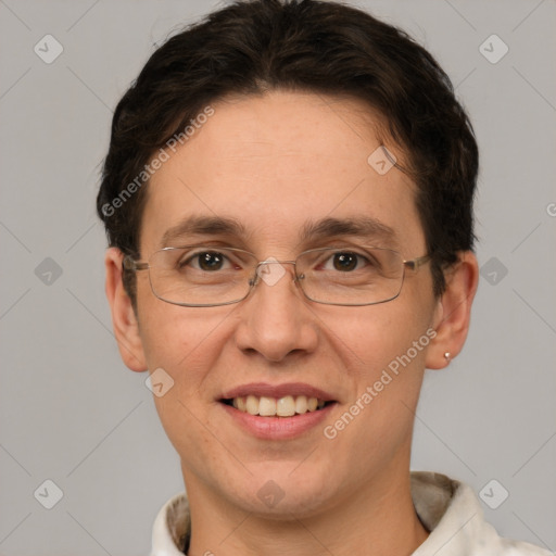 Joyful white adult female with short  brown hair and brown eyes