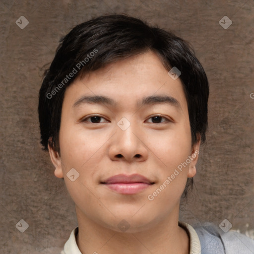 Joyful asian young-adult female with medium  black hair and brown eyes