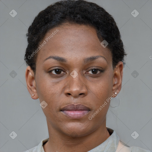 Neutral black young-adult female with short  brown hair and brown eyes