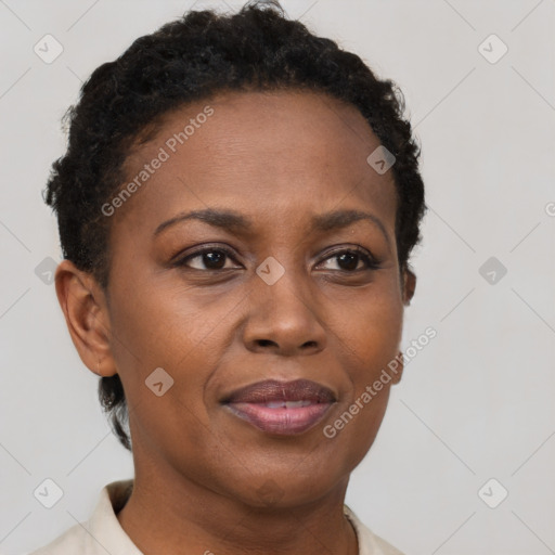 Joyful black adult female with short  brown hair and brown eyes