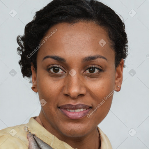 Joyful latino young-adult female with short  brown hair and brown eyes