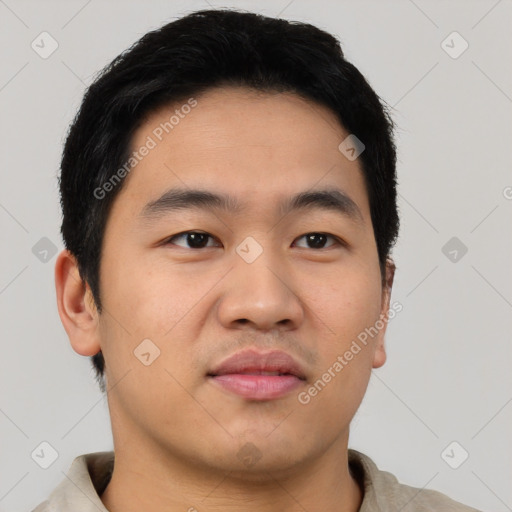 Neutral asian young-adult male with short  black hair and brown eyes