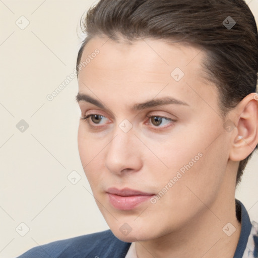 Neutral white young-adult female with short  brown hair and brown eyes