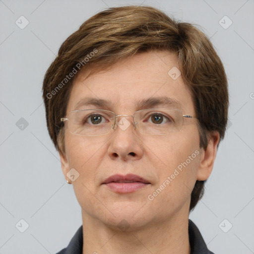 Neutral white adult female with short  brown hair and grey eyes