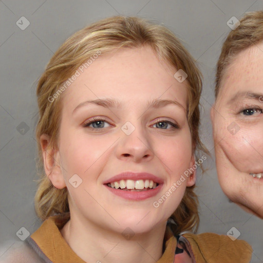 Joyful white young-adult female with medium  brown hair and blue eyes