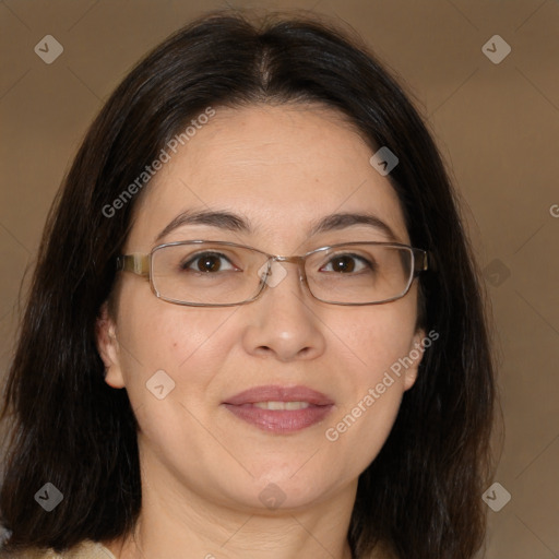 Joyful white adult female with medium  brown hair and brown eyes