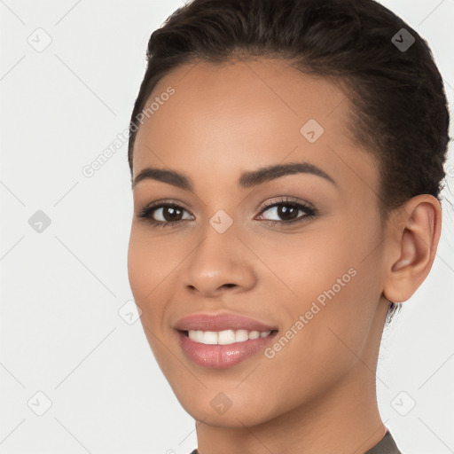 Joyful white young-adult female with short  brown hair and brown eyes