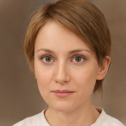 Neutral white young-adult female with medium  brown hair and brown eyes