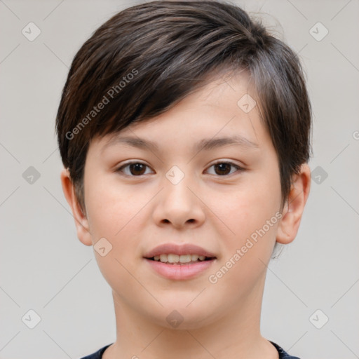 Joyful white child female with short  brown hair and brown eyes