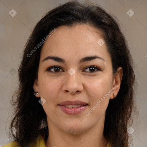 Joyful latino young-adult female with medium  brown hair and brown eyes