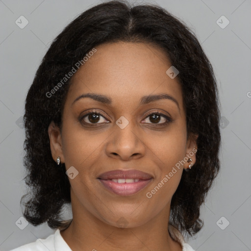 Joyful black young-adult female with medium  brown hair and brown eyes