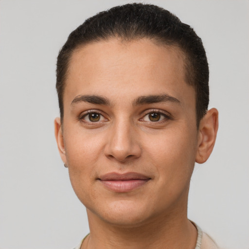 Joyful white young-adult female with short  brown hair and brown eyes