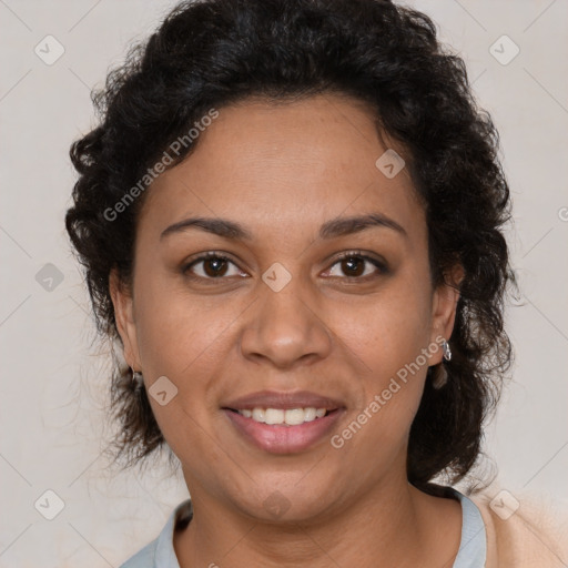 Joyful latino young-adult female with short  brown hair and brown eyes