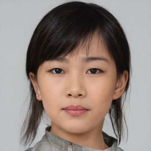 Neutral asian young-adult female with medium  brown hair and brown eyes