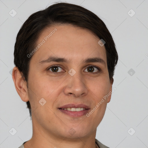 Joyful white young-adult male with short  brown hair and brown eyes