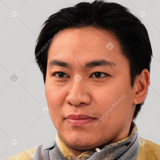 Joyful asian young-adult male with short  brown hair and brown eyes