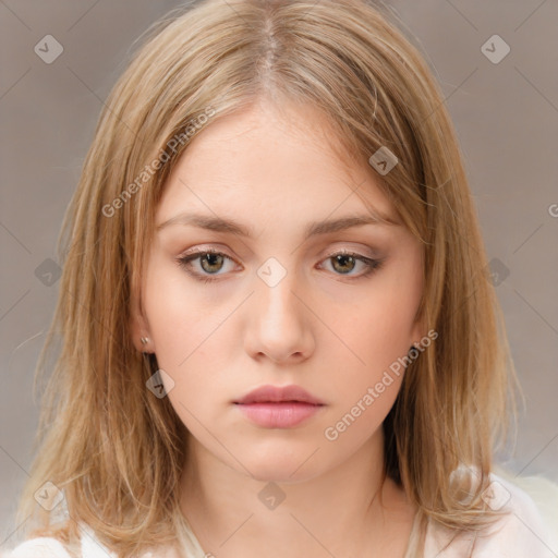 Neutral white young-adult female with medium  brown hair and brown eyes