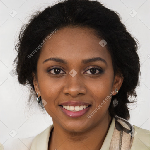 Joyful black young-adult female with long  brown hair and brown eyes