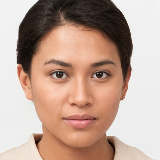 Neutral white young-adult female with short  brown hair and brown eyes