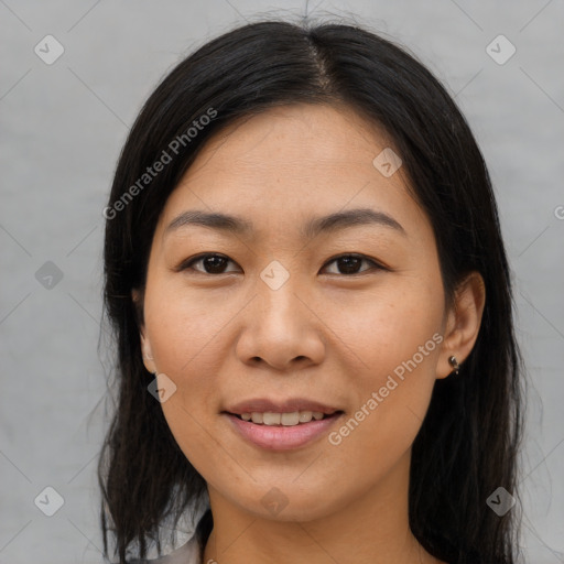 Joyful asian young-adult female with medium  brown hair and brown eyes