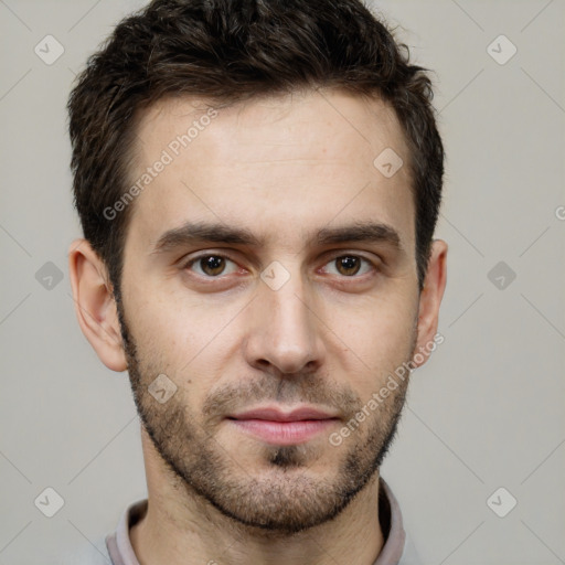 Neutral white young-adult male with short  brown hair and brown eyes