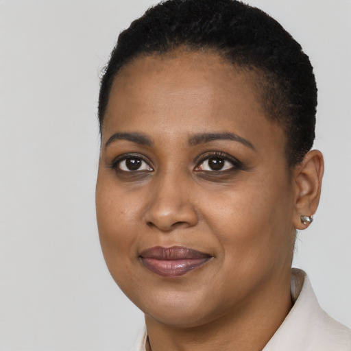 Joyful black young-adult female with short  black hair and brown eyes