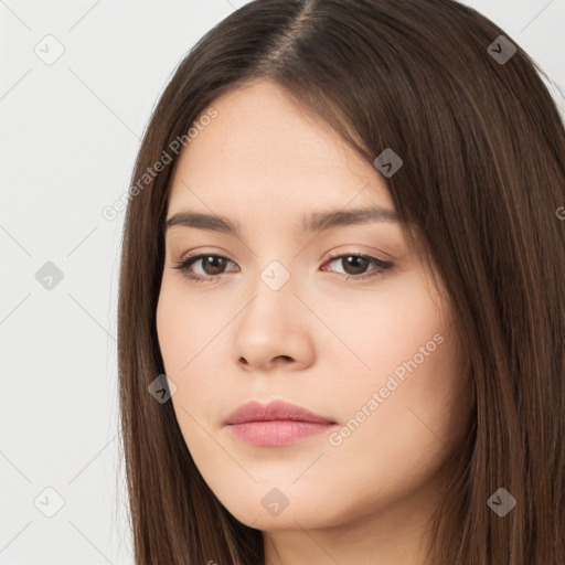 Neutral white young-adult female with long  brown hair and brown eyes