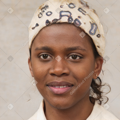 Joyful white young-adult female with short  black hair and brown eyes